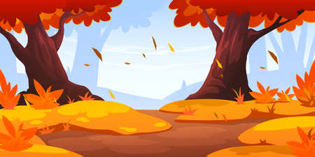 Autumn forest landscape with orange trees and grass, dirt road or sand glade. Vector cartoon illustration of fall nature tranquil scene, yellow and red leaves falling with wind,のイラスト素材