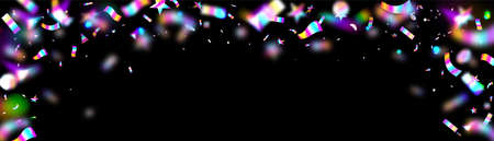 Festive texture with neon rainbow confetti and glitter on black background. Vector carnival background with light effects and flying bright iridescent sprinkles, stars, dots and ribbonsのイラスト素材