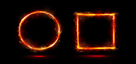 Frames with fire sparkle effect, round and square borders with glowing sparks of weld metal blade, cracker or petard. Circus ring, fiery light bordering with twinkles, Realistic 3d vector illustrationのイラスト素材