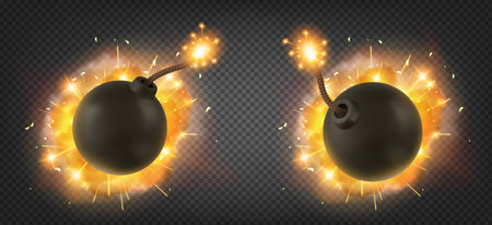 Explosion of bomb with burning wick with fire and sparks. Vector realistic set of 3d black round...