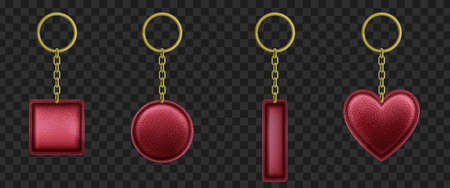 Red leather keychains realistic vector set. Luxury trinkets of square, rectangular, round, heart shape with golden metal chain and ring isolated on transparent background. Precious gift mockupのイラスト素材