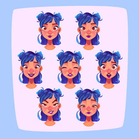 Young woman face expressions, cartoon female character avatar with different emotions, isolated pretty girl with blue hair emoji smile, despise, sad, crying and surprised, Vector illustration setのイラスト素材