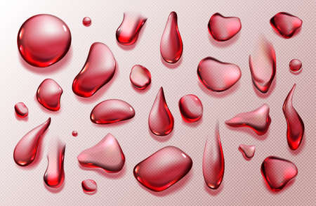 Clear drops of wine, fruit drink or blood isolated on transparent background. Vector realistic set of red water drips, strawberry or cherry juice liquid dropletsのイラスト素材