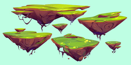 Green rocky flying island isolated cartoon illustration set. Colorful vector image of floating land pieces. Fantasy summer landscape ground pieces hanging in air, game design collectionのイラスト素材