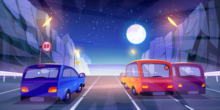 Cars driving at night highway rear view, automobiles riding in mountain road with fencing, signs, ocean view and full moon in dark starry sky. Vehicles at asphalted freeway Cartoon vector illustrationのイラスト素材