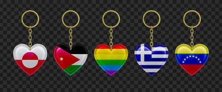 Leather keychains in heart shape with countries flags and rainbow. Vector realistic set of 3d trinkets with print of Greece, Greenland, Jordan, Venezuela and gay pride flagsのイラスト素材
