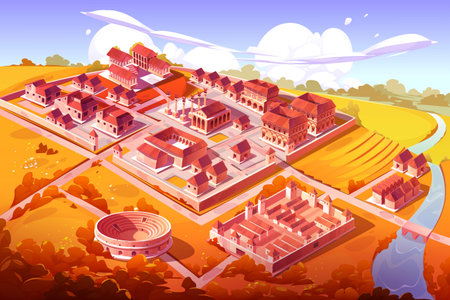 Ancient Rome city, isometric cartoon autumn cityscape Capitol, basilica with square, Castrum, Medicorum, Harbor, Roman Amphitheater, forum, taberna and insula buildings, Vector architecture landmarksのイラスト素材