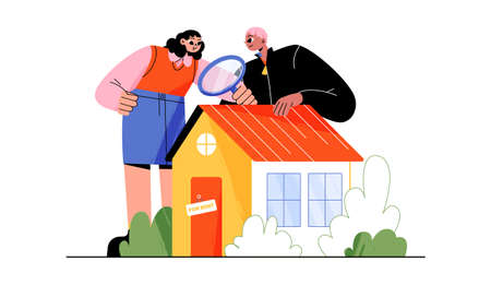 House property search concept. Couple look through magnifier on cottage. People choose real estate for rent or buying, Man and woman watch home for sale or mortgage, Line art flat vector illustrationのイラスト素材