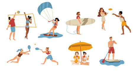 Young people having active rest on beach flat character set isolated on white. Vector illustration of happy men and women playing volleyball,   tennis, surfing, paddle boarding. Summer vacationのイラスト素材