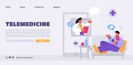 Telemedicine banner. Concept of online healthcare consultation, virtual meeting with medic. Vector landing page of telehealth service with flat illustration of physician on phone screen and patientのイラスト素材