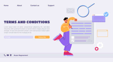 Terms and conditions landing page. Account security, privacy policy, user agreement business concept. Man signing document, law compliance, standard for quality control Line art flat vector web bannerのイラスト素材
