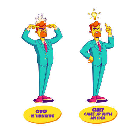 Chief thinking and came up with an idea. Thoughtful businessman contemporary character finding best solution. Vector Man ceo, boss or corporate leader wearing suit and glasses brainstorming processのイラスト素材