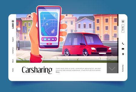 Carsharing banner with app on mobile phone screen and vehicle on parking on city street. Vector...