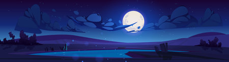 Night lake landscape cartoon vector illustration. Mysterious big moon and many stars shining bright in cloudy dark sky over moonlit calm water surface. Summer midnight scene. Spooky atmosphereのイラスト素材