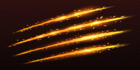Sparkling monster claw mark scratches, predator nail trails, glowing traces of wild animal. Tiger, bear, lion, dragon or cat paws fire talon rips, Realistic 3d vector slashes on transparent backgroundのイラスト素材