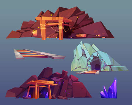 Mine entrances gold, emerald, amethyst, crystal caves or tunnels with wooden beams, railway, precious gem stone cluster and golden ingots. Isolated cartoon gui design elements, Vector illustrationのイラスト素材
