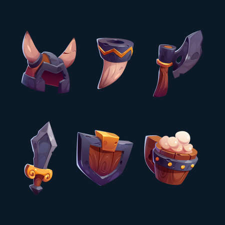 Viking icons with helmet, weapons, shield, bugle horn and beer mug. Nordic barbarian metal and wooden armour, axe, sword, hat with horns. Vector cartoon set isolated on black backgroundのイラスト素材