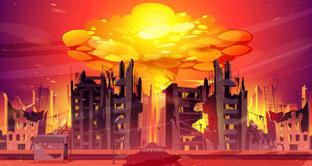 Nuclear war explosion mushroom rising up in city metropolis. Fiery cloud of atomic bomb detonation over broken skyscraper buildings front view. Destroyed town cityscape, Cartoon vector illustrationのイラスト素材