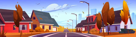 Autumn suburban district with cottages stand along road perspective view. Countryside landscape with residential houses and modern buildings panoramic cityscape background, Cartoon vector illustrationのイラスト素材