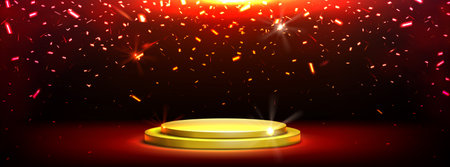 Golden podium with falling confetti, round gold shiny platform, stage for product presentation or winner victory celebration. Vector background with realistic 3d scene and red spotlight glowing lightのイラスト素材