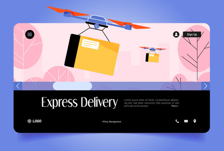 Express delivery web banner with drone carry parcel. Logistic innovation, automated aerial shipping, fast post service with unmanned quadcopter fly with package box, Line art flat vector illustrationのイラスト素材