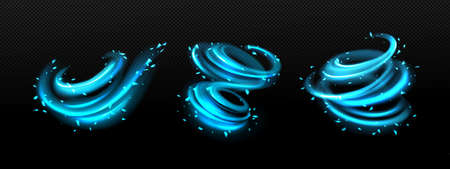 Abstract blue swirls, tornado wind effect isolated on transparent background. Vector realistic set of magic air vortex, light twirls with particles. Design element of fresh and cleanのイラスト素材