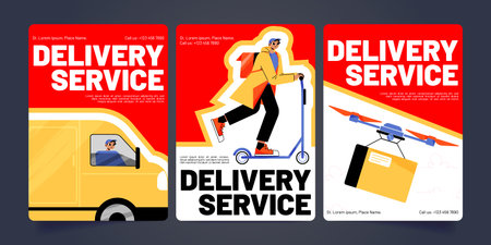 Delivery service cartoon banners, postman on car or scooter and drone deliver goods to customers....