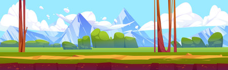 Game ground texture of summer landscape with green grass, trees, bushes, path and mountains on horizon. Vector cartoon illustration of game land platform with nature scene with trees and rocksのイラスト素材