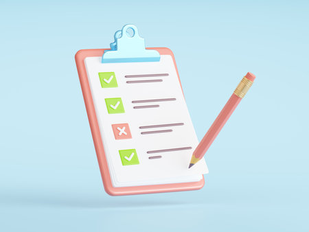 3d checklist on clipboard render Illustration. White paper sheet on clip board with writing pencil. Task management, todo list, efficient work on project plan, exam, document with ticks and crossesの写真素材