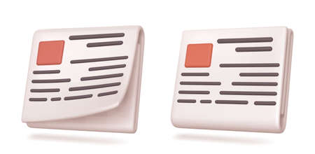 Newspaper 3d illustration, news paper with curved sheet. World press, publication with article headlines on pages, design elements in plastic cartoon style isolated on white background, Vector iconsのイラスト素材