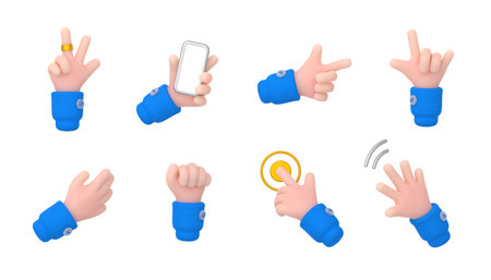 Hand gestures, human arm show symbols of peace and rock. 3d render illustration of waving palm, fist, hand hold phone, click on gold button and point directionの写真素材