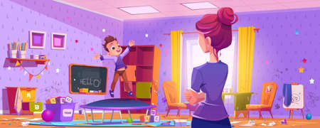 Woman looks at messy kids room with boy jumping on trampoline. Dirty playroom interior with clutter, scattered toys, drawings on walls, playing child and mother, vector cartoon illustrationのイラスト素材