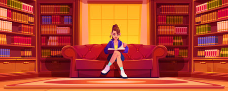 Young woman reading book in library at home or university. Thoughtful girl student or bookworm...
