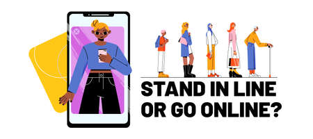 Virtual shopping and services VS offline. Stand in line or go online concept. People queue waiting turn and woman use mobile phone for purchasing or making payment transaction, Line art vector bannerのイラスト素材