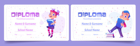 Diploma, certificate of education in kindergarten or elementary school for children. Kids diploma template with cartoon illustration of happy boy and girl with books and confetti on backgroundのイラスト素材