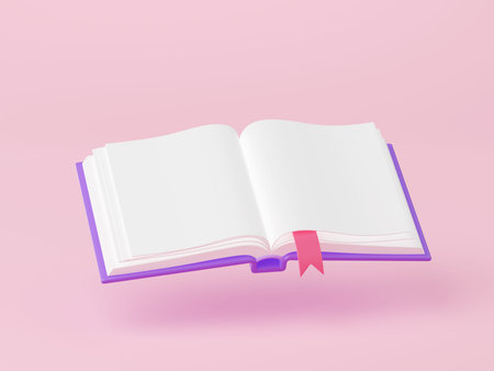 3d render open book with bookmark, dairy, bestseller, school dictionary, literature novel, fairytale, encyclopedia or verses volume with blank white pages float in air top view, Rendering illustrationの写真素材