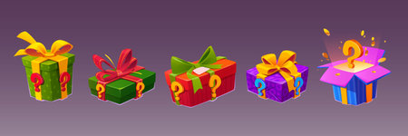 Mystery boxes, secret gifts with surprise. Signs of prize with question mark. Concept of unknown presents, parcels with ribbon bow and open box with magic light and gold confetti, vector cartoon setのイラスト素材