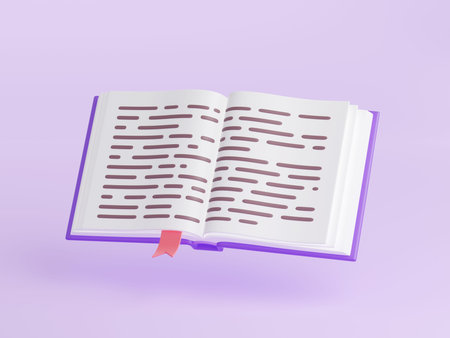 Open book with white paper pages, abstract text, purple cover and bookmark isolated on background. Icon of literature, reading and education concept, 3d render illustrationの写真素材
