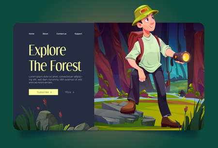 Explore forest banner with man traveler on summer glade. Woods landscape with water stream, path, green trees and tourist character with flashlight and backpack, Vector cartoon illustrationのイラスト素材