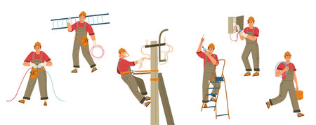 Electrician worker with tools, ladder and wires isolated on white background. Maintenance and repair service technician, engineer of electricity in helmet, vector cartoon illustrationのイラスト素材