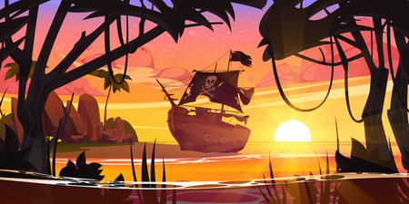 Tropical island beach with old pirate ship after shipwreck, palm trees, jungle and sun on horizon. Ocean sand shore landscape with broken wooden corsair boat at sunset, vector cartoon illustrationのイラスト素材