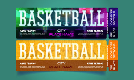 Tickets for basketball play, sport game tournament. Vector templates of paper coupons for sport competition or championship with cartoon illustration of rubber ball surface and basketball courtのイラスト素材
