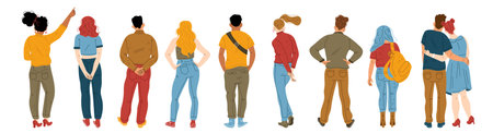 Back view of young people standing in row on white background. Flat male, female characters behind collection. Students in casual clothes, woman pointing finger, man with hands on belt, couple huggingのイラスト素材