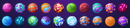 Fantasy planets and asteroids icons for space game. Fantastic colorful galaxy objects, liquid and stone spheres with crystals, cracks, snow and Earth globe, vector cartoon setのイラスト素材