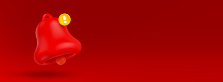 Alert, warning, emergency notification 3d render. Vector bell with exclamation sign on red background. Notice of hacker attack, spam, program error in application illustration in cartoon plastic styleのイラスト素材
