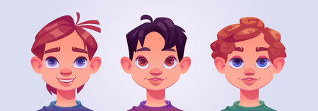 Baby boys heads with different hairstyles and eyes colors. Cute children avatars, portraits of male kids isolated on white background, vector cartoon illustrationのイラスト素材