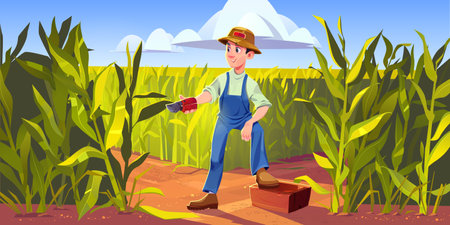 Man farmer work on corn field, countryman with pruner and wooden box collecting crop. Harvesting, farming concept with villager on summer maize meadow landscape background, Cartoon vector illustrationのイラスト素材