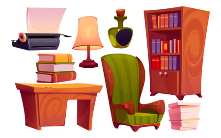 Writer or journalist workplace with vintage typewriter, wooden table, chair, bookcase and paper sheets stack. Editor or story author office furniture, books, lamp and bottle, vector cartoon setのイラスト素材