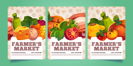 Farmers market posters with farm produce, vegetables, fruits, eggs and bag with flour. Agriculture harvest, fresh potato, carrots, tomatoes, apples and cheese, vector flyers with cartoon illustrationのイラスト素材