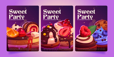 Sweet party posters, bakery or confectionery shop tasting event, invitation flyers with desserts, sweets, cakes, muffins and cupcakes with fruits, berries and toppings, Cartoon vector ads illustrationのイラスト素材